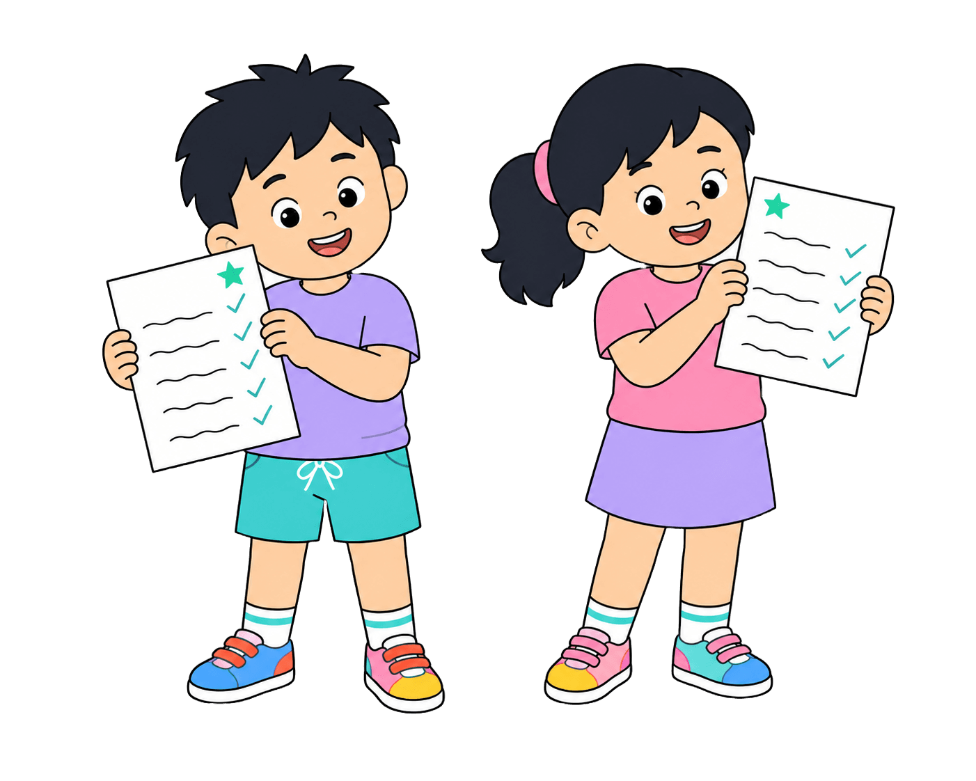 Two happy kids holding completed checklists